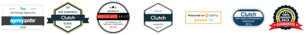 Agency Spotter 2019, Clutch Global 2018, Mobile App Daily 2018, Clutch 2017, UpCity 5.0, Clutch 2016, 100% Money Back Guarantee